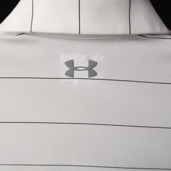 Under Armour Bright White Blue Pin-Striped Polo (XL) OMG! ⛳️ - Picture 4 of 9